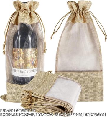 China Burlap Wine Bags With Sheer Window, Hessian Cloth Bottle Gift Bags With Drawstring For Christmas Holiday Wedding Party for sale