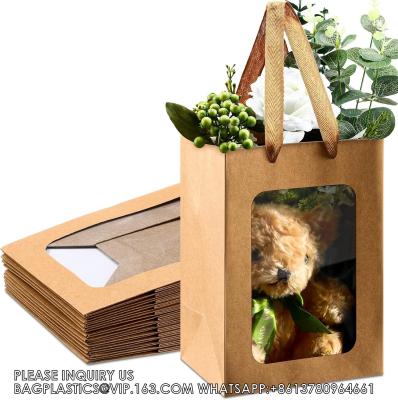 China Kraft Paper Bags With Handles Transparent Flower Bouquet Bags For Present Bridal Shower Festivals Party for sale