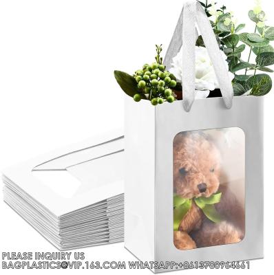 China Paper Gift Bags With Clear Window Flower Bouquet Bags for Present Bridal Shower Festivals Party (White) for sale