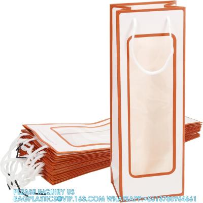 China Bolsas de regalo de vino con mangos de cuerda, bolsas de papel de vino con ventana transparente en venta