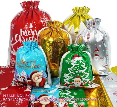 China Christmas Drawstring Gift Bags With Tags, Xmas Present Wrapping Sacks Assorted Sizes, Reusable Foil Pouches Bulk for sale