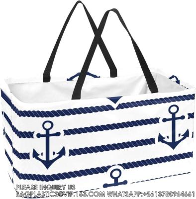China Large Collapsible Utility Tote,Reusable Grocery Shopping Bag Nautical Anchor Ropes Stripes Navy for sale