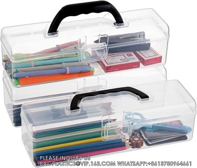 China Caja de lápiz de plástico largo portátil clara Cajas de utilidad para el hogar con mango Papelería de almacenamiento Organizador herramienta de pintura en venta