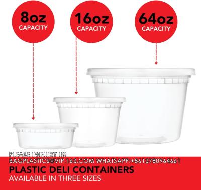 China 8 oz 16 oz 24 oz 64 oz Contenedores de plástico para almacenamiento de alimentos con tapas, cubo de helado y balde de sopa en venta