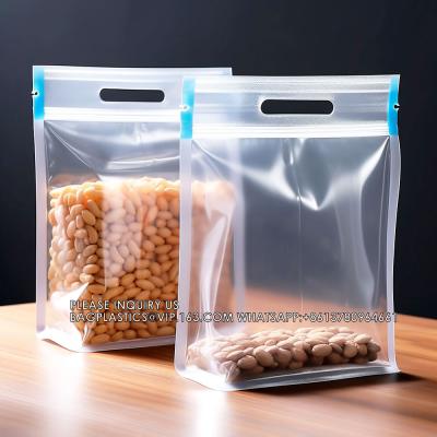 China Big Transparent Ziplock Plastic Food Packaging Bag Plastic Stand Up Zipper Bag With Handle Thick Clear Zip Lock for sale