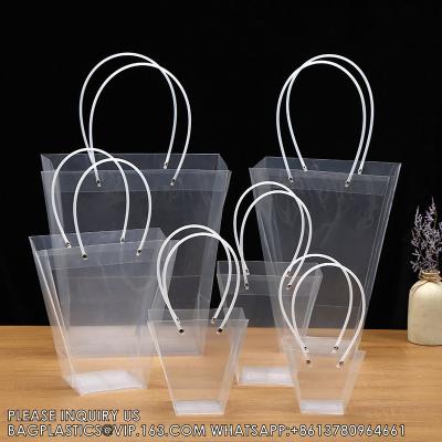 China Customized Transparent Trapezoid PP Bag Plastic Clear Flower Packing Bag With Handle Floral Package Bags, Gift Pack for sale