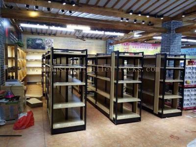 China Supermarket Industrial Pallet Racks Metal / Wood Display Shelving Double Sided for sale