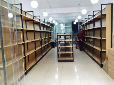 China Metal Frame Wood Board Light Duty Shelving / Display Racks For Grocery Stores for sale