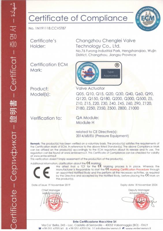 Certificate of Compliance - Changzhou Chenglei Valve Technology Co., Ltd.