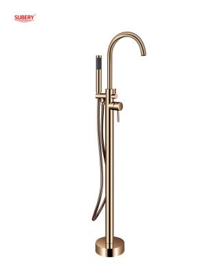 China OEM Single Lever Free Standing Tub Faucet Floor Mount With Diverter Rose Golden Brass for sale