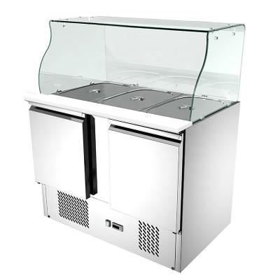 China AISI 304 Pizza Prep Table Refrigerator Round corner hygiene With Glass Cover for sale