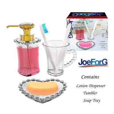 China JoeForG Wholesale can be customized empty hand sanitizer bottle water cup Heart-soap tray Glass washing set with bead decoration for sale