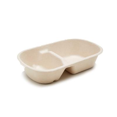 China Two Compartment Biodegradable Container 25OZ Sugarcane Bagasse Clamshell Take Out Box for sale