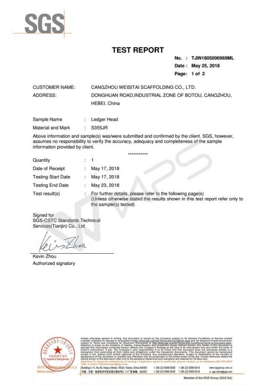 SGS Test Report of Ledger Head And Brace Head - Cangzhou Weisitai Scaffolding Co.,Ltd.
