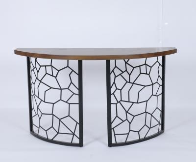 China Custom Curved Front Console Table With Wood Top And Decorative Iron Base for sale