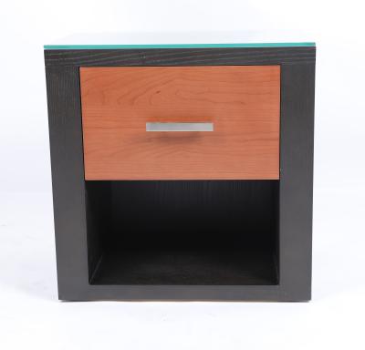 China Two Color Wood Bedside Table Hotel And Home Bedroom Furniture Metal Handle for sale