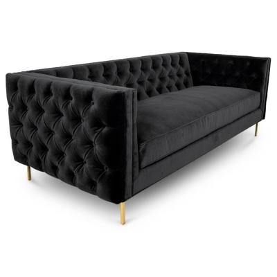 China Black velvet fabric button tufted 3 seat sofa with 4 golden brass metal leg for wedding,living room rental sofa for sale