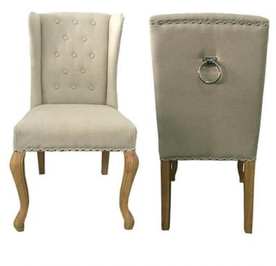 China Natural oak wood frame with metal ring at back  linen fabric wooden dining chair for sale