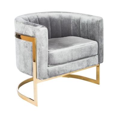 China Home furniture Grey velvet Curved Event Furniture Rental Golden Stainless Steel Metal Leisure Single Sofa button tufted for sale
