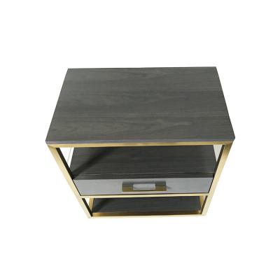 China Oak Wood Veneer 1 Drawer Small Bedroom Side Tables With Brass Metal Frame for sale
