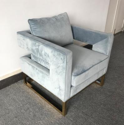 China Blue Velvet Fabric And Inflatable Cushion Living Room Couches With Golden Brass Metal Base for sale
