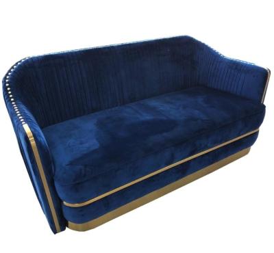 China Hot sale luxuty blue velvet gold metal base fabric chesterfield sofa with gold neilheads for living room or meeting room for sale