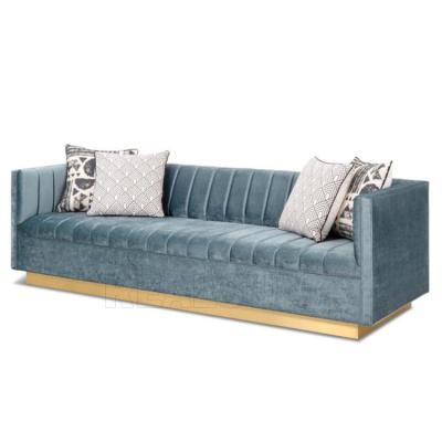 China Modern Living Room Blue Velvet Fabric Sofa Stainless Steel Golden Brushed Manhattan Sofa With Wide Channel Tufting with for sale