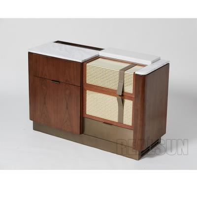 China Walnut Veneer Functional Console Hotel Room Dresser With Brushed Brass Metal Base for sale