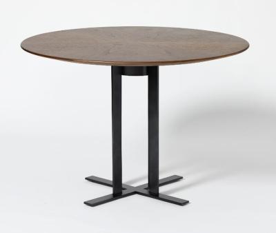 China Walnut Wood Veneer Top Round Dining Room Table With Black Metal Base for sale