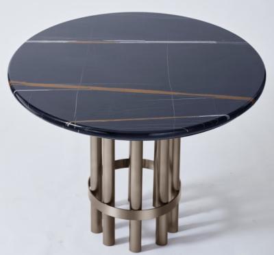 China Port Laurent Marble Top Wooden Dining Room Tables With Dark Bronze Finish Metal Base for sale