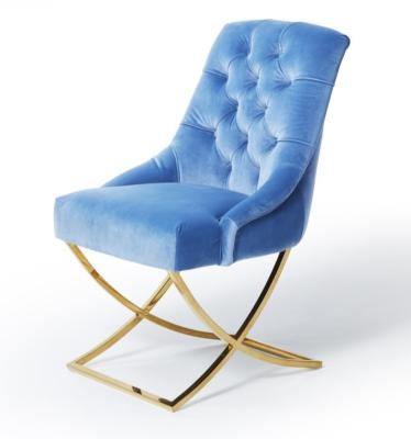 China Golden X Cross Metal Legs Furniture Dining Room Chairs Blue Velvet Fabric Button Tufted for sale