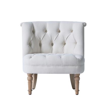 China 55cm Height White Button Tufted Fabric Occasional Chair With Solid Wood Base for sale