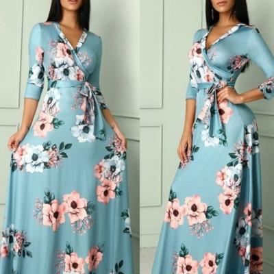 China Amazon wish  floral dress women plus size winter 2019 spring V-neck Christmas dresses Africa ladies Mexico party dresses for sale