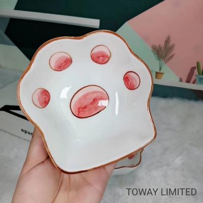 China  				Cute Printing Paws Dog Feeder Ceramic Cartoon Pup Cat Bowls 	         for sale