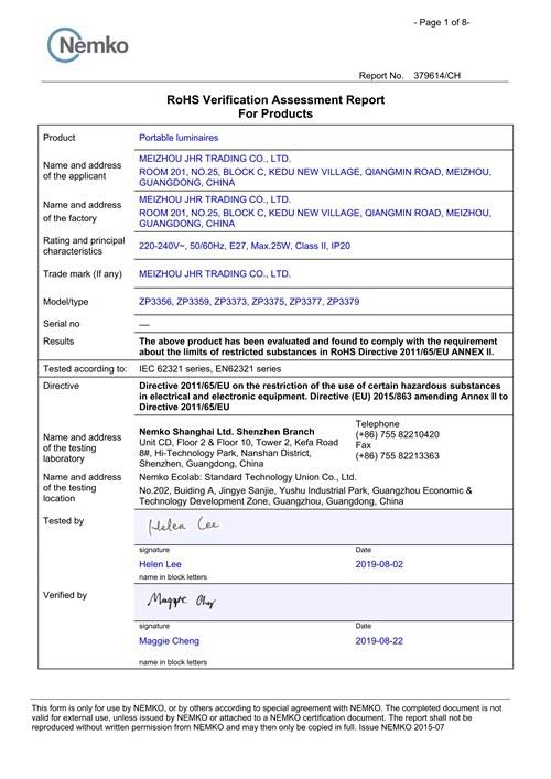 RoHS Certificate - Meizhou JHR Trading Co., Ltd.
