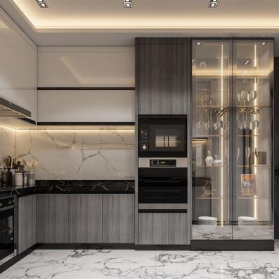 Китай Luxury Corner Glass Kitchen Display Cabinets Ready To Assemble Modern Storge Lacquer Cabinets Kitchen продается