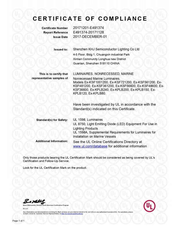 Certificate of Compliance - Shenzhen KHJ Semiconductor Lighting Co., Ltd