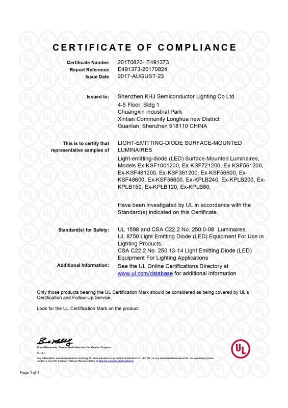 Certificate of Compliance - Shenzhen KHJ Semiconductor Lighting Co., Ltd