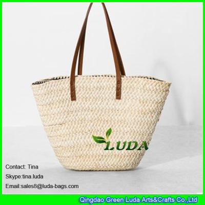 China LUDA leather handles straw handbags wholesale cornhusk straw handbags en venta