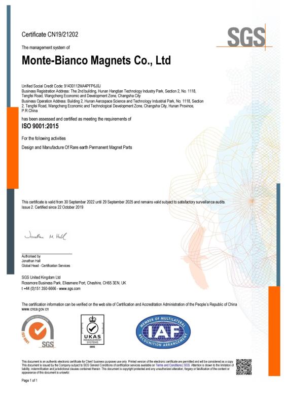ISO9001 - Monte-Bianco Magnets Co., Ltd.