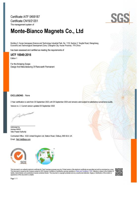 IATF 16949:2016 - Monte-Bianco Magnets Co., Ltd.