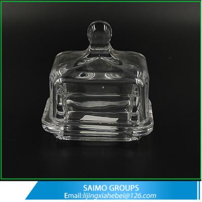 China SM-6936-0 Transparent Christmas Square Small Mini Glass Butter Dish With Knob for sale