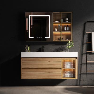 China Rectangle Floating Bathroom Cabinet Solid Wood LED Mirror Vanity for sale