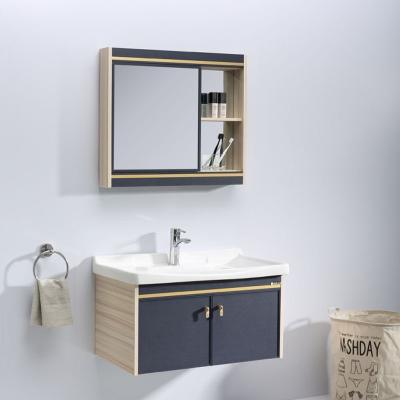 China Gray Blue 80cm Solid Wood Bathroom Cabinets Floor Mounted Vanity for sale