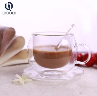 China Wholesale Custom Handmade  Heat Resist Double Wall Glass Cup and Saucer Sets for sale