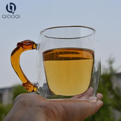 China Handmade Clear Heat-Resisting Double Wall Tea Mugs Glass Coffee Cups With Coloured Glaze handle for sale