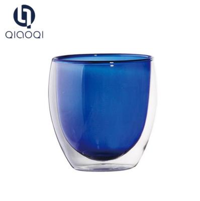 China Borosilicate blue double layer glass cup mug handmade for sale