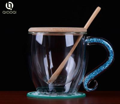 China Lead Free Borosilicate Double Wall Glass Coffee Mug Handle with Diamond for sale