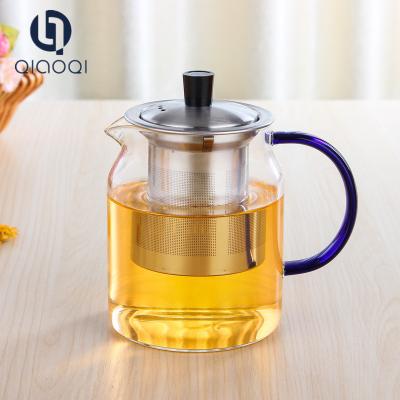 China Hand blown high borosilicate glass teapot with blue color handle for sale