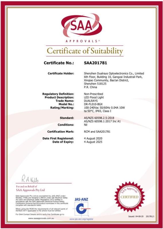 SAA Certificate - DUALRAYS LIGHTING Co.,LTD.